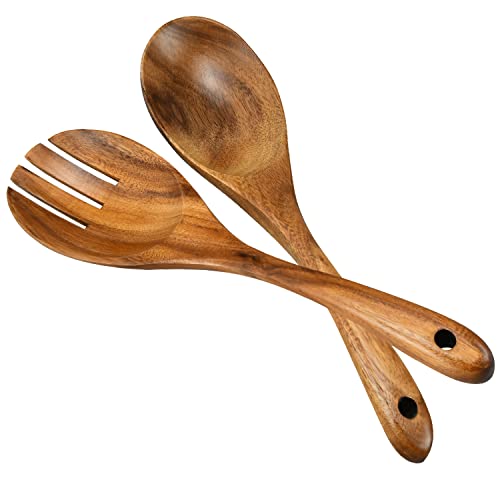 FGBNM Salad Servers, Wood Salad Tongs, 10.2in Salad Spoon and Fork Set, Long Handle Salad Server Set for Mixing, Tossing and Cooking - Image 1