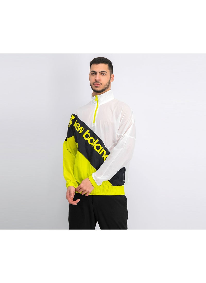 New Balance Men Quarter Zip Long Sleeve Windbreaker Training Jacket, White and Lime Green  - Image 1
