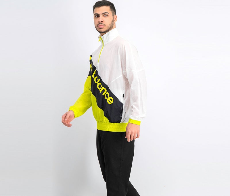 New Balance Men Quarter Zip Long Sleeve Windbreaker Training Jacket, White and Lime Green - Image 2