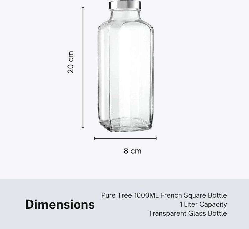SQINELLI Glass Water Bottle with LeakProof Airtight Stainless Steel Lid for Water Smoothie Juices Reusable Travel Glass Drinking Square Fridge Bottles Set 1000ml 3 - Image 5