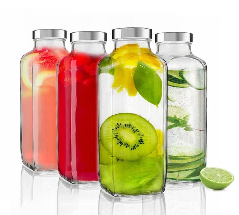 SQINELLI Glass Water Bottle with LeakProof Airtight Stainless Steel Lid for Water Smoothie Juices Reusable Travel Glass Drinking Square Fridge Bottles Set 1000ml 3 - Image 2