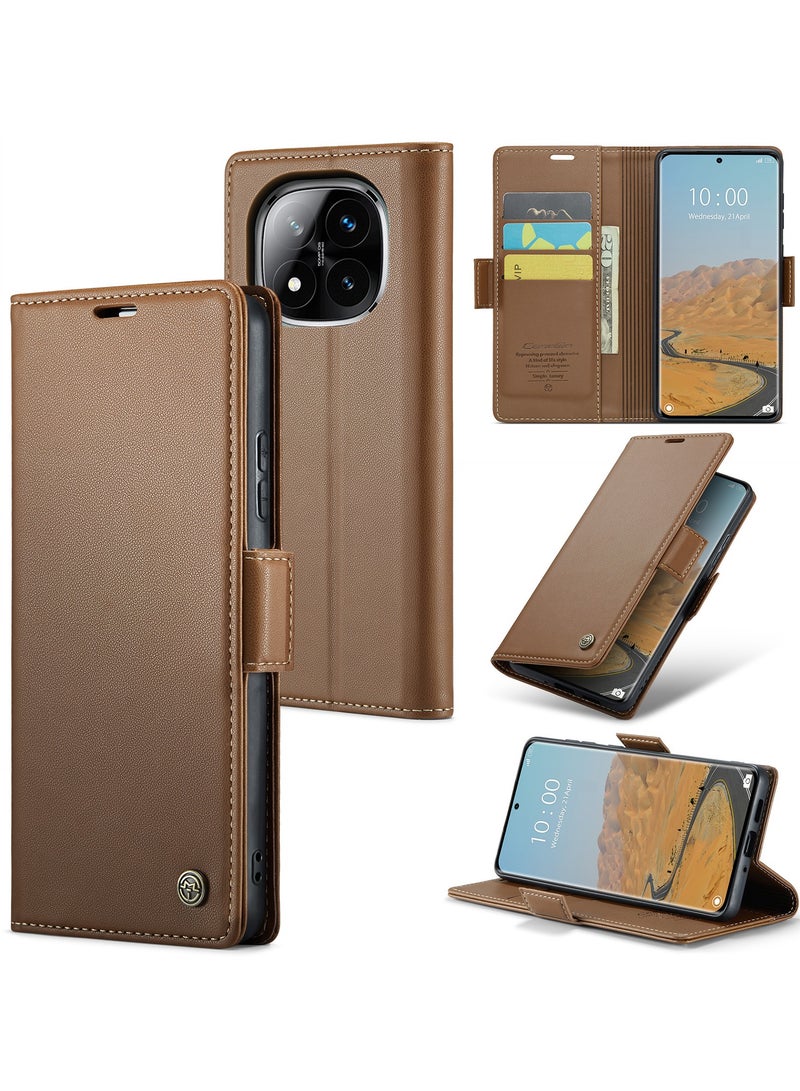 CaseMe Phone Case Luxury PU Leather Design Anti Fingerprint 023 Flip Cover Card Slot Holder Cover For Redmi Note 14 Pro Plus /Redmi Note 14 Pro+ (Brown) - Image 1