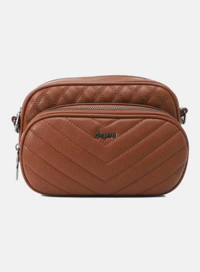 DejaVu Self Patterend Studded Leather Shoulder Bag - Brown - Image 1