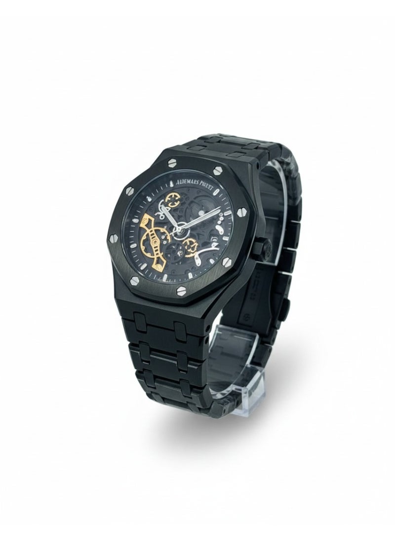 Audemars Piguet Men’s Skeleton Analog Watch – Black Stainless Steel Strap, Luxury Octagonal Design