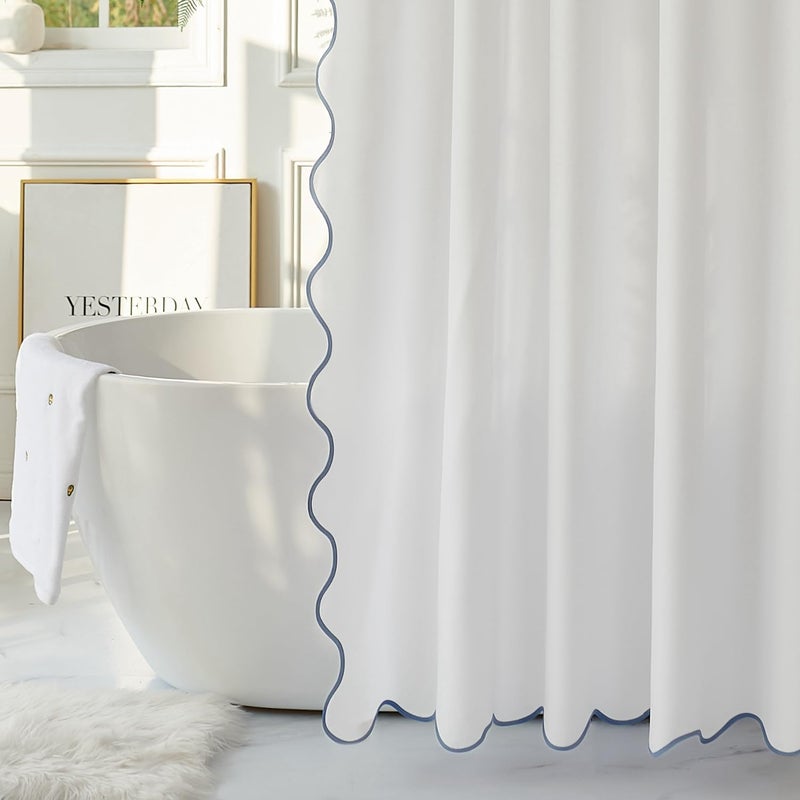 youngseahome النسيج الأبيض يونغسيهوم مع الماء الأزرق الأسقلوب الحدودي الستار بوهو باو أنيقة الستار دش الدش للحمام الاستحمام 72 × 84 بوصة - Image 4