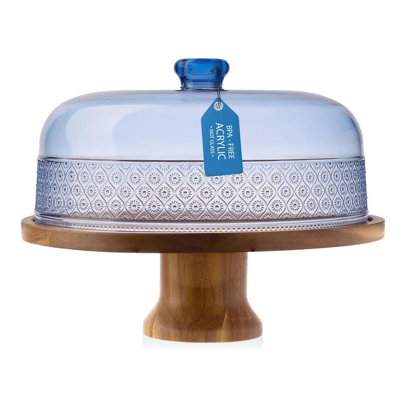 Godinger Cake Stand Footed Cake Plate with Dome Acacia Wood and Shaterproof Acrylic Lid Wood Cake Stand with Dome Vintage Romantic Decor  Blue