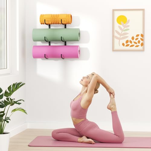 Josmimic Yoga Mat Holder Wall Mount 3Tier Storage Rack for Yoga Mat Foam Roller Block Yoga Accessories Wall Organizer for Home Gym Gym Workout Room Metal Black - Image 3