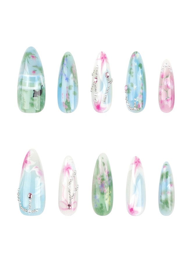 Jremg Flower Press on Nails Medium Almond Fake Nails with Pearl rhinestones Design Glossy Bow Blue Green Glue on Nails Cute Cat Floral Handmade Artificial Acrylic Nails for Women Girls 24Pcs - Image 5