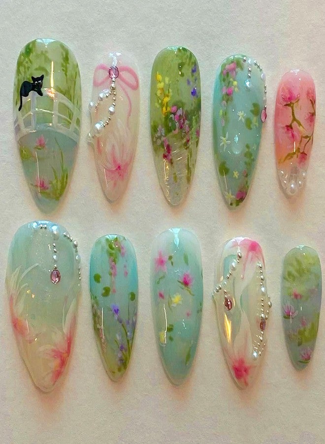 Jremg Flower Press on Nails Medium Almond Fake Nails with Pearl rhinestones Design Glossy Bow Blue Green Glue on Nails Cute Cat Floral Handmade Artificial Acrylic Nails for Women Girls 24Pcs - Image 1