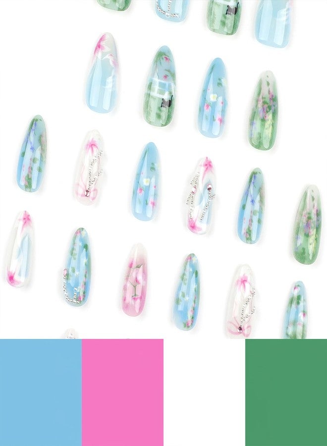 Jremg Flower Press on Nails Medium Almond Fake Nails with Pearl rhinestones Design Glossy Bow Blue Green Glue on Nails Cute Cat Floral Handmade Artificial Acrylic Nails for Women Girls 24Pcs - Image 3