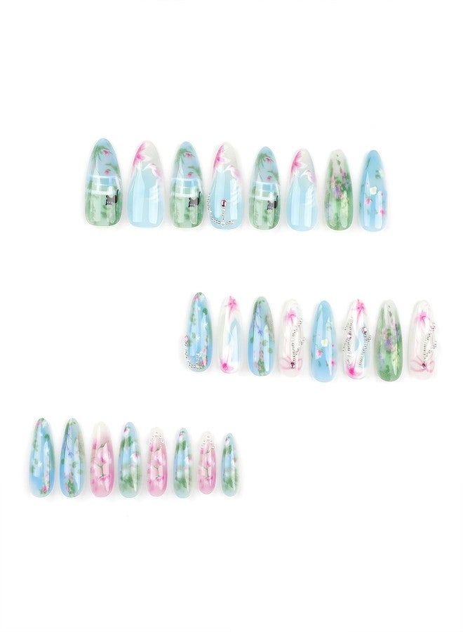 Jremg Flower Press on Nails Medium Almond Fake Nails with Pearl rhinestones Design Glossy Bow Blue Green Glue on Nails Cute Cat Floral Handmade Artificial Acrylic Nails for Women Girls 24Pcs - Image 4