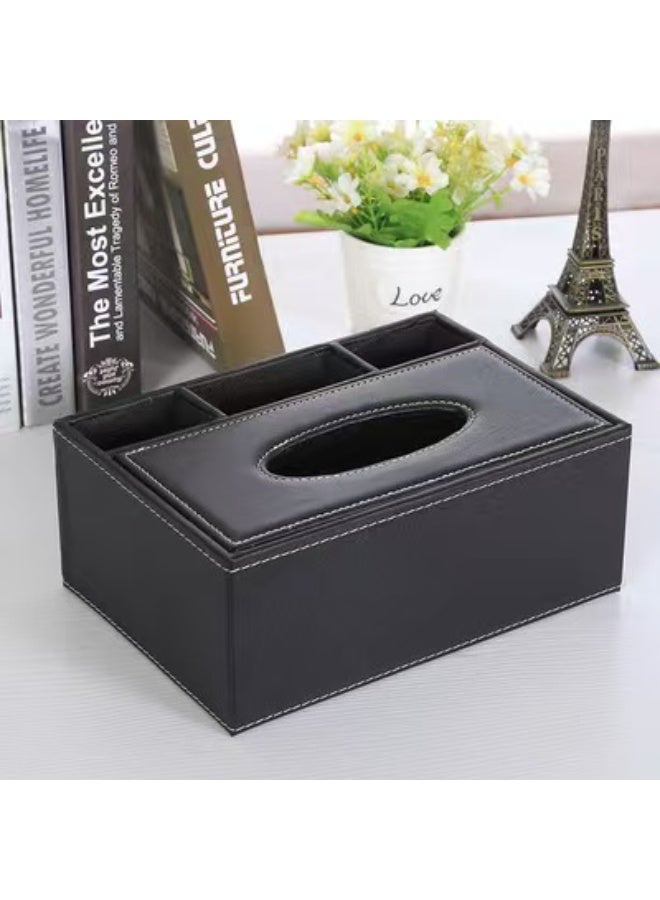 حامل علبة مناديل من الجلد الصناعي عالي الجودة باللون الأسود مع غطاء، موزع مناديل ورقية مستطيل الشكل، غطاء علبة مناديل مزخرفة للمنزل والمكتب والسيارة (أسود) - Image 5