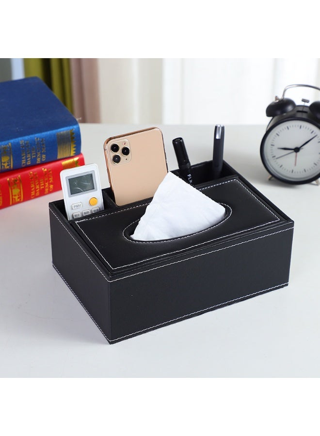 حامل علبة مناديل من الجلد الصناعي عالي الجودة باللون الأسود مع غطاء، موزع مناديل ورقية مستطيل الشكل، غطاء علبة مناديل مزخرفة للمنزل والمكتب والسيارة (أسود) - Image 4