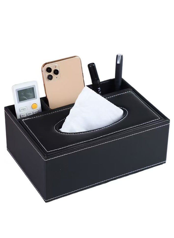 حامل علبة مناديل من الجلد الصناعي عالي الجودة باللون الأسود مع غطاء، موزع مناديل ورقية مستطيل الشكل، غطاء علبة مناديل مزخرفة للمنزل والمكتب والسيارة (أسود) - Image 1