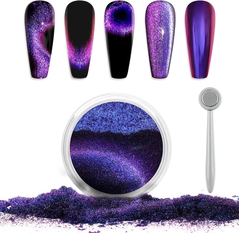 Laza Cat Eye Chrome Nail Powder Chameleon Magnetic Powder 9D Cat Eye Mirror Effect Pigment Dust Magic Galaxy Holographic Effect Glitter with Magnetic Stick for Velvet Nail Art - Red, Purple, Blue