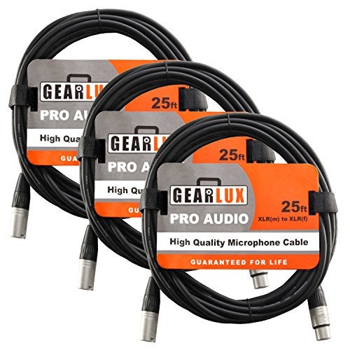 Gearlux XLR Microphone Cable, Fully Balanced, Male to Female, 25 Feet - 3 Pack - Image 1