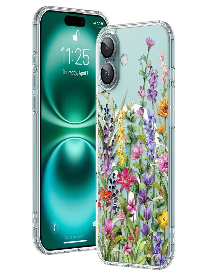 OOK Magnetic for iPhone 16 Case Clear [Compatible with MagSafe] Floral Design with Full Camera Protection Colorful Wild Flowers Rattan Pattern Shockproof Slim Fit (6.1") - Image 1