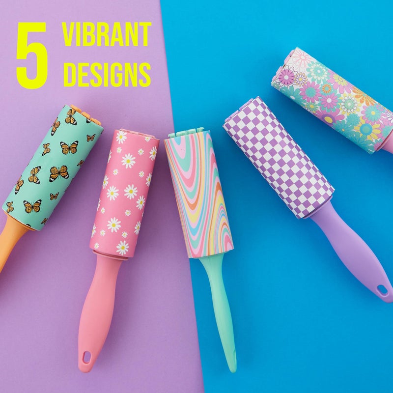 Expressions 5pc Mini Lint Rollers Value Pack - Colorful Compact Mini Lint Roller for Travel, Household Essentials Pet Hair Removal Tool & Lint Removers for Clothing (Retro) - Image 4