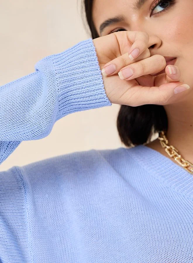 Styli Oversized Longline V Neck Sweater With Side Slits