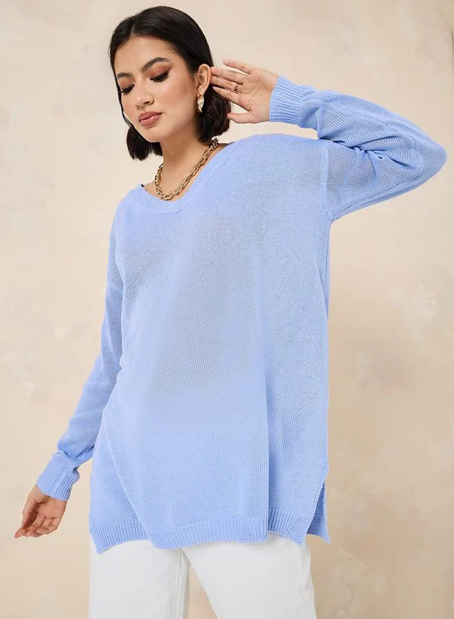 Styli Oversized Longline V Neck Sweater With Side Slits