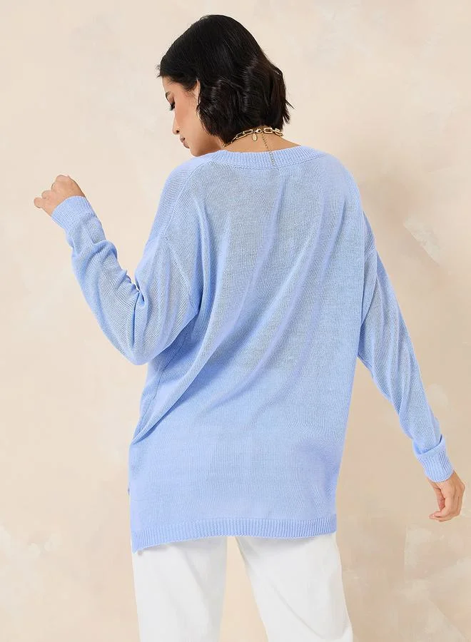 Styli Oversized Longline V Neck Sweater With Side Slits