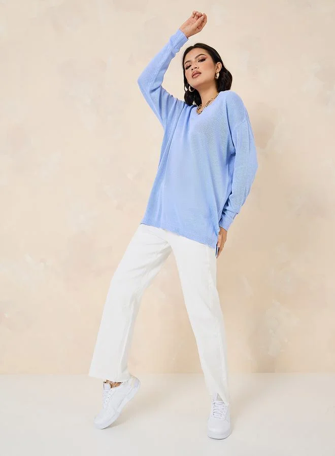 Styli Oversized Longline V Neck Sweater With Side Slits