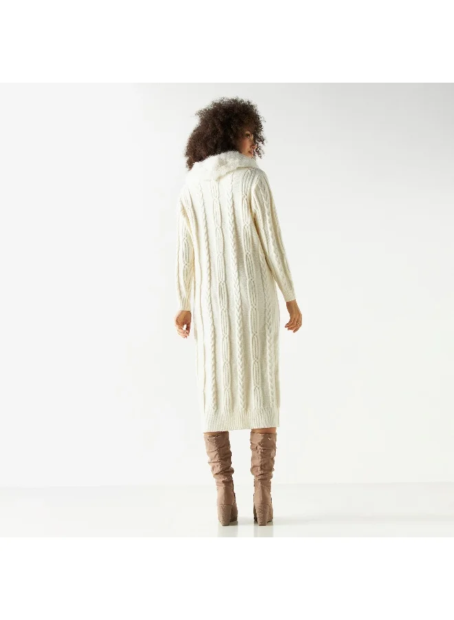 Iconic Textured Button Through Longline Cardigan with Plush Collar