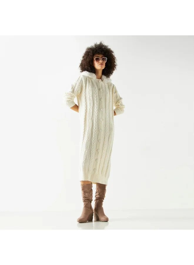 Iconic Textured Button Through Longline Cardigan with Plush Collar