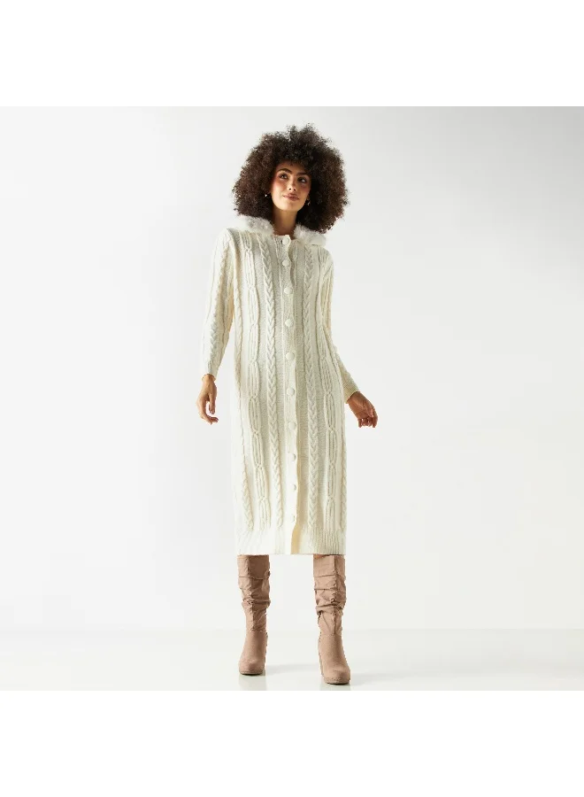 Iconic Textured Button Through Longline Cardigan with Plush Collar