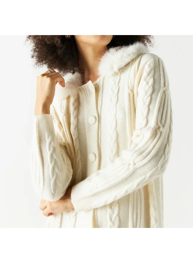 Iconic Textured Button Through Longline Cardigan with Plush Collar