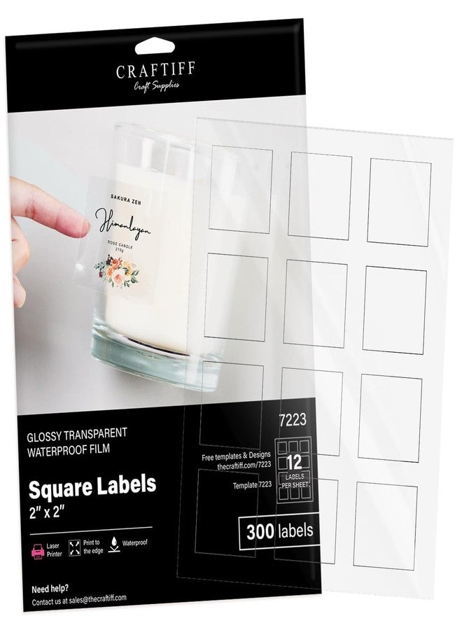 Craftiff 2x2 Clear Square Labels Stickers Glossy for Laser Printer, Pack of 300, Transparent self Adhesive Vinyl Paper Craftiff - Image 1