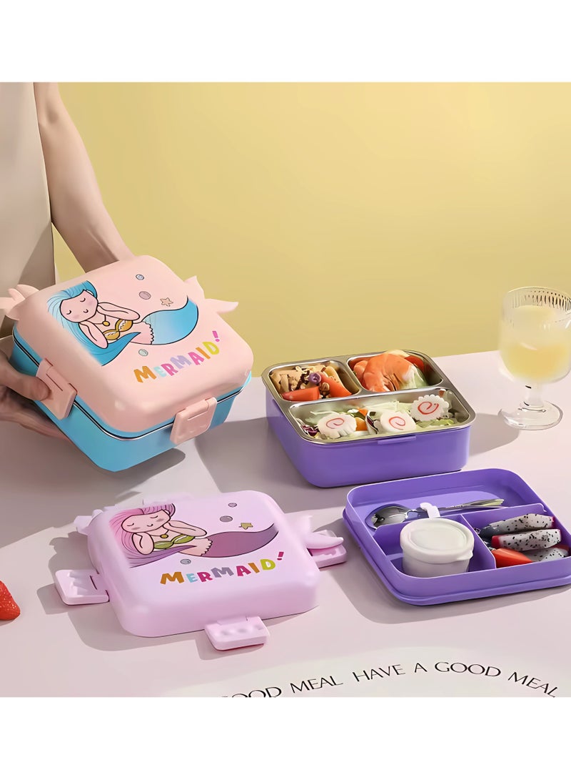 Twisoo Kids Lunch Box Stainless Steel Insulated – Double Decker Leakproof Bento Box with Spoon, Soup Bowl, Dishwasher Safe, Durable, Perfect for School or Travel 1120ml (Mermaid Purple) - Image 2