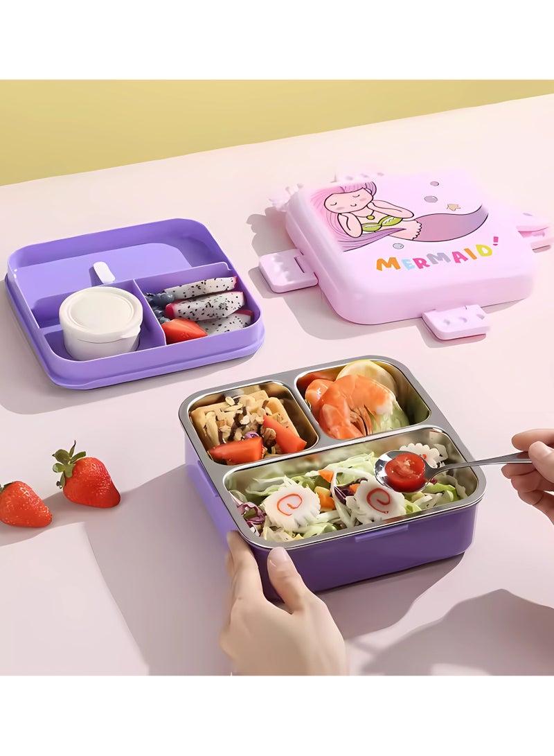 Twisoo Kids Lunch Box Stainless Steel Insulated – Double Decker Leakproof Bento Box with Spoon, Soup Bowl, Dishwasher Safe, Durable, Perfect for School or Travel 1120ml (Mermaid Purple) - Image 4