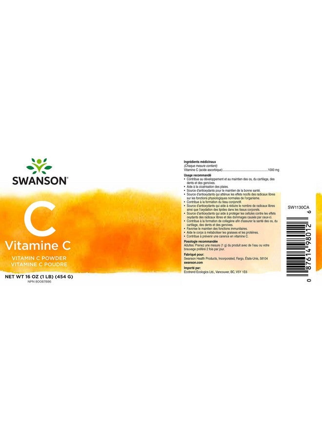SWANSON Vitamin C Powder 100% Pure Ascorbic Acid Immune System Support Skin Health Cardiovascular Health Antioxidant Supplement 1000 Mg (Per Serving) 1 Lb. 454 G - Image 4