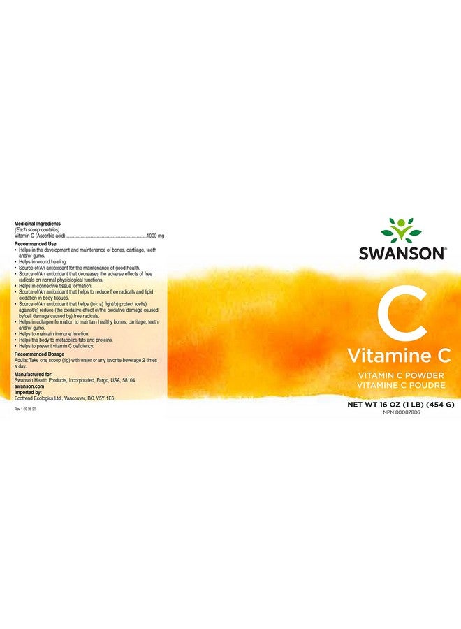 SWANSON Vitamin C Powder 100% Pure Ascorbic Acid Immune System Support Skin Health Cardiovascular Health Antioxidant Supplement 1000 Mg (Per Serving) 1 Lb. 454 G - Image 3