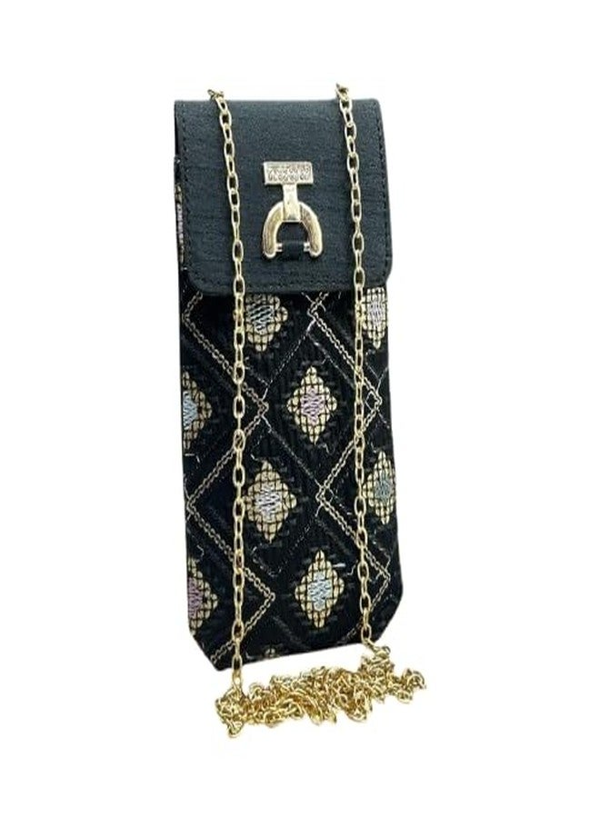 VINNIE Handcrafted Mobile Sling Bag for Women, Ethnic Embroidered Crossbody Pouch with Chain Strap, Stylish Party & Casual Wear Bag (Black) - Image 1
