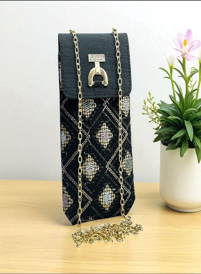 VINNIE Handcrafted Mobile Sling Bag for Women, Ethnic Embroidered Crossbody Pouch with Chain Strap, Stylish Party & Casual Wear Bag (Black) - Image 2