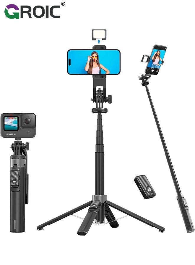 53" Selfie Stick Tripod with Remote & Fill Light, All in One Extendable Phone Detachable Wireless Remote, Flexible Stand Compatible iPhone/Android/GoPro