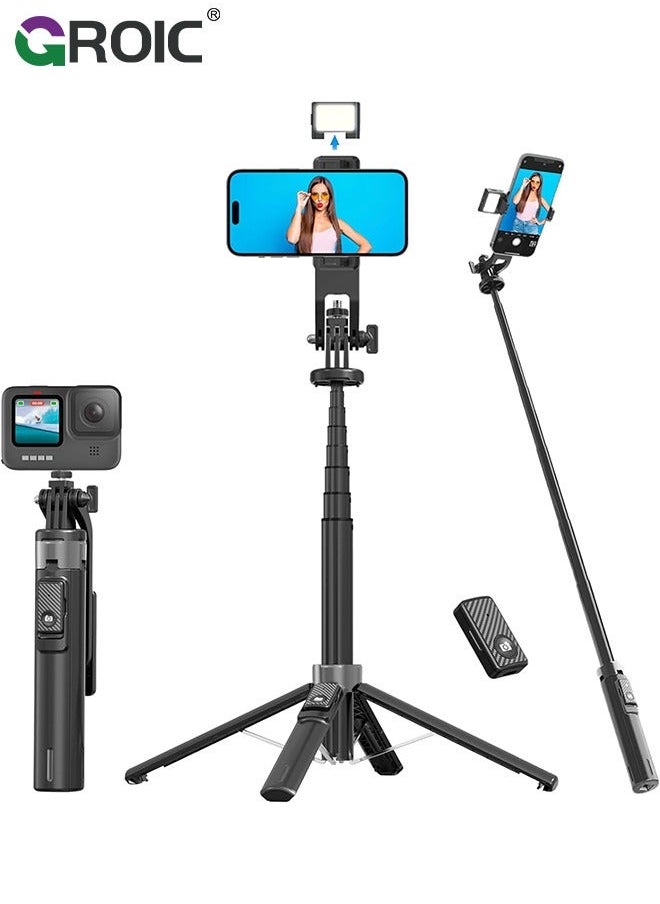 GROIC - 53" Selfie Stick Tripod with Remote & Fill Light, All in One Extendable Phone Detachable Wireless Remote, Flexible Stand Compatible iPhone/Android/GoPro - Image 1