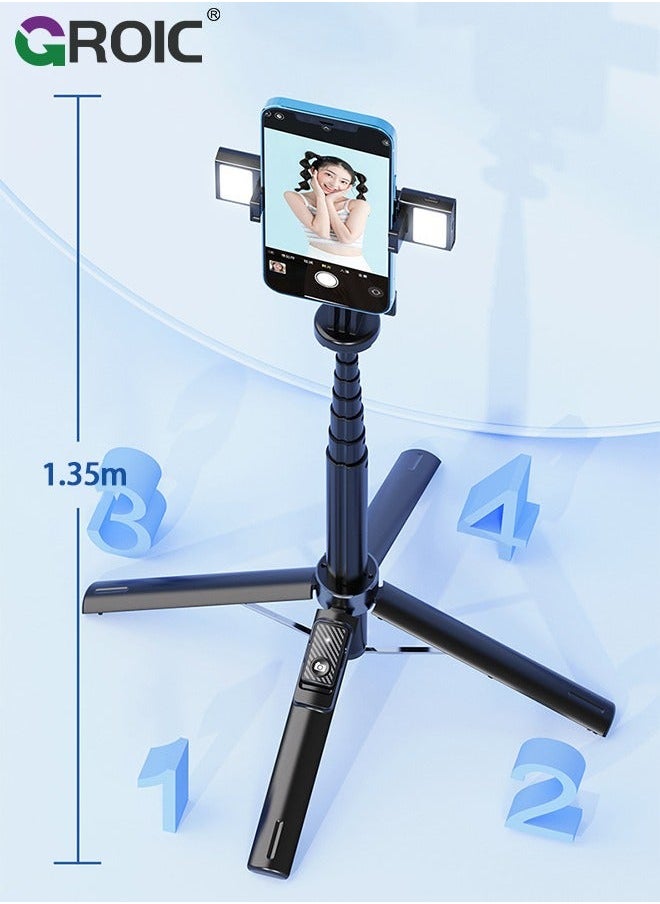 GROIC - 53" Selfie Stick Tripod with Remote & Fill Light, All in One Extendable Phone Detachable Wireless Remote, Flexible Stand Compatible iPhone/Android/GoPro - Image 1