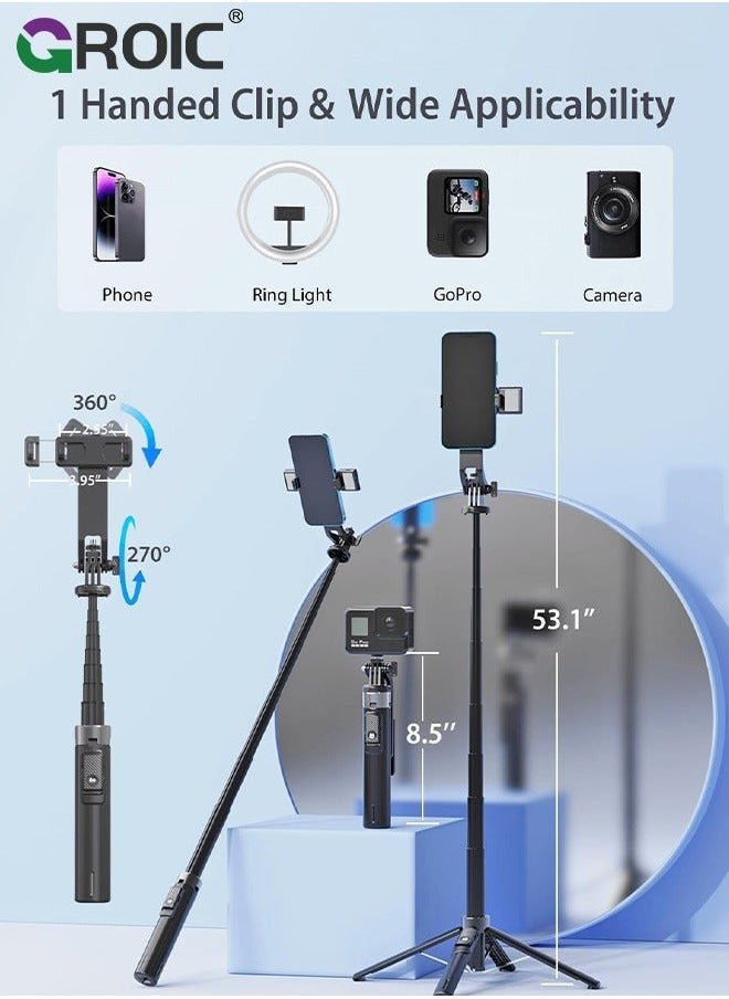 GROIC - 53" Selfie Stick Tripod with Remote & Fill Light, All in One Extendable Phone Detachable Wireless Remote, Flexible Stand Compatible iPhone/Android/GoPro - Image 1
