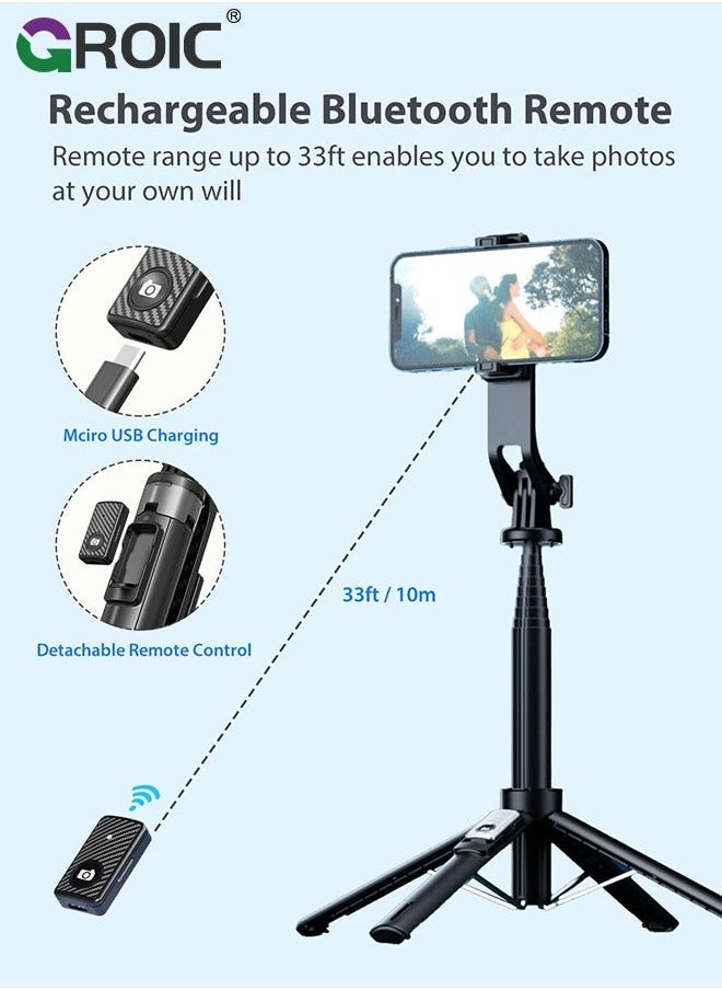 GROIC - 53" Selfie Stick Tripod with Remote & Fill Light, All in One Extendable Phone Detachable Wireless Remote, Flexible Stand Compatible iPhone/Android/GoPro - Image 1