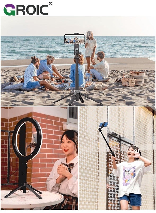 GROIC - 53" Selfie Stick Tripod with Remote & Fill Light, All in One Extendable Phone Detachable Wireless Remote, Flexible Stand Compatible iPhone/Android/GoPro - Image 1