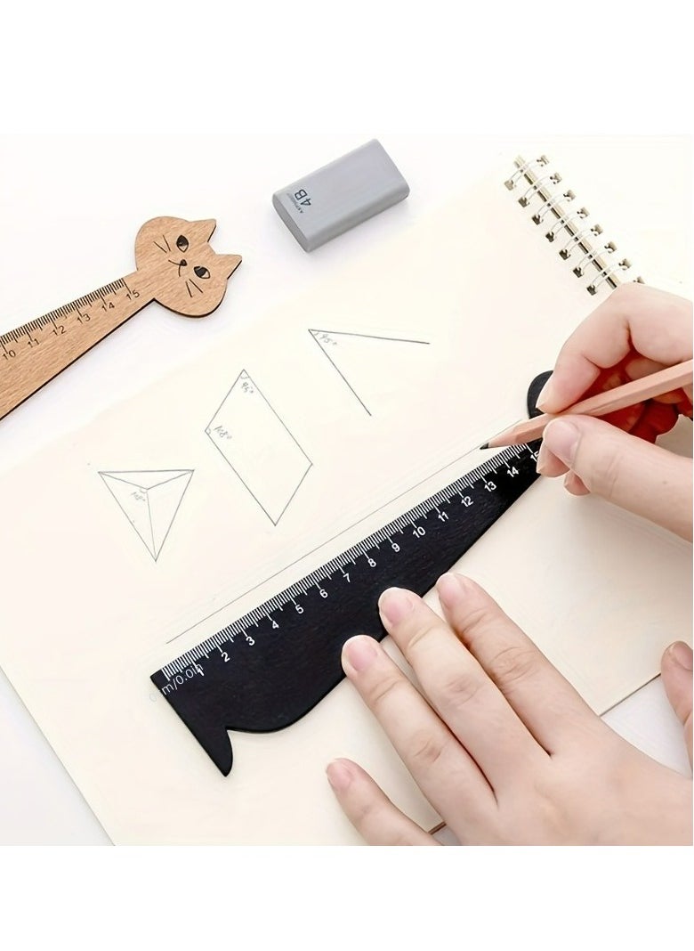 Generic - 2-Pack Cute Cat Drawing Ruler Wooden Measuring Ruler Measuring Tool Stationery Gift for Students - Image 1