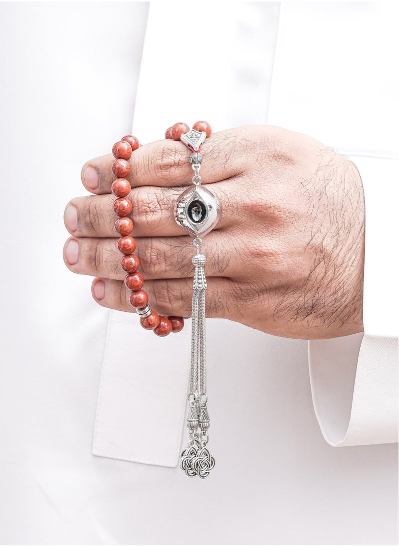 Subhati Prayer Beads ( Misbah ) with metal Parts and Red Jasper Stone | 8 MM Beads - 45  - Image 1