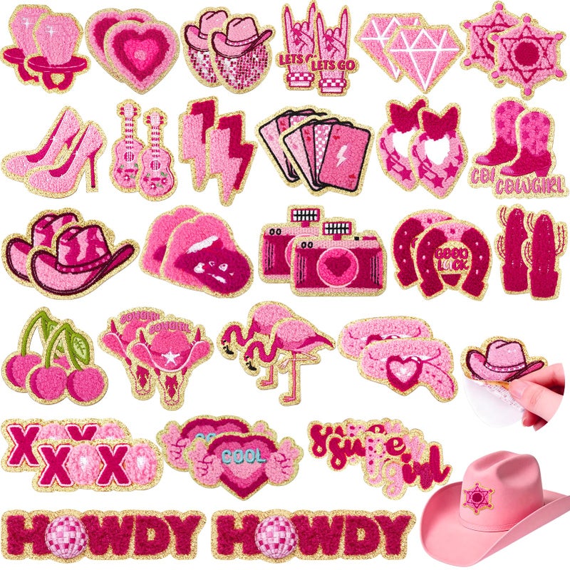 FOGWOWO 50 Pcs Pink Western Cowgirl Patches Self Adhesive,Chenille Embroidered Preppy Stick on Patches for Country Girls,Sticker Patches for Trucker Hats Backpacks Jeans Denim Disco Bachelorette Party Decor - Image 1