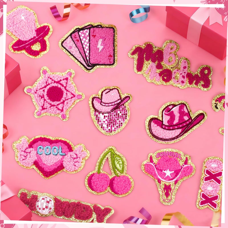 FOGWOWO 50 Pcs Pink Western Cowgirl Patches Self Adhesive,Chenille Embroidered Preppy Stick on Patches for Country Girls,Sticker Patches for Trucker Hats Backpacks Jeans Denim Disco Bachelorette Party Decor - Image 2