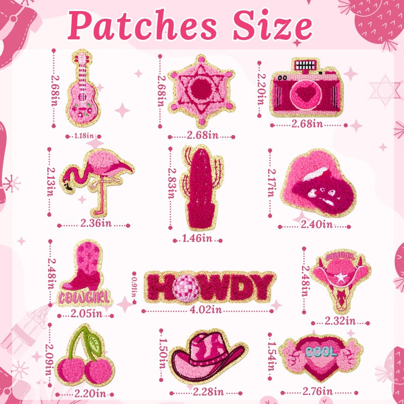 FOGWOWO 50 Pcs Pink Western Cowgirl Patches Self Adhesive,Chenille Embroidered Preppy Stick on Patches for Country Girls,Sticker Patches for Trucker Hats Backpacks Jeans Denim Disco Bachelorette Party Decor - Image 4