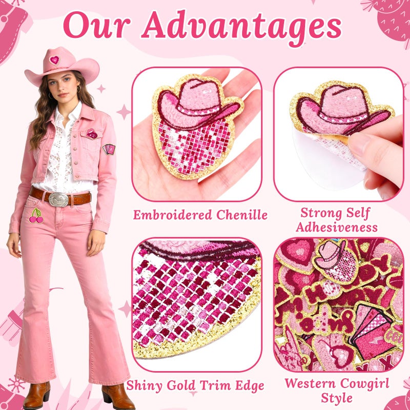 FOGWOWO 50 Pcs Pink Western Cowgirl Patches Self Adhesive,Chenille Embroidered Preppy Stick on Patches for Country Girls,Sticker Patches for Trucker Hats Backpacks Jeans Denim Disco Bachelorette Party Decor - Image 5