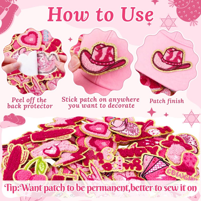 FOGWOWO 50 Pcs Pink Western Cowgirl Patches Self Adhesive,Chenille Embroidered Preppy Stick on Patches for Country Girls,Sticker Patches for Trucker Hats Backpacks Jeans Denim Disco Bachelorette Party Decor - Image 3